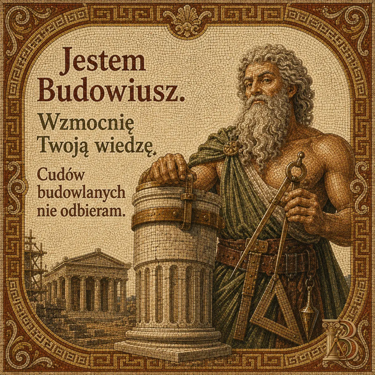 Budowiusz w oliwkowej todze stoi przy kamiennej kolumnie, jedną dłoń opiera na jej głowicy, w drugiej trzyma duży cyrkiel z pionem. W tle mozaikowa świątynia z portykiem i drewniane rusztowanie. Napis: Jestem Budowiusz. Wzmocnię Twoją wiedzę. Cudów budowlanych nie odbieram.