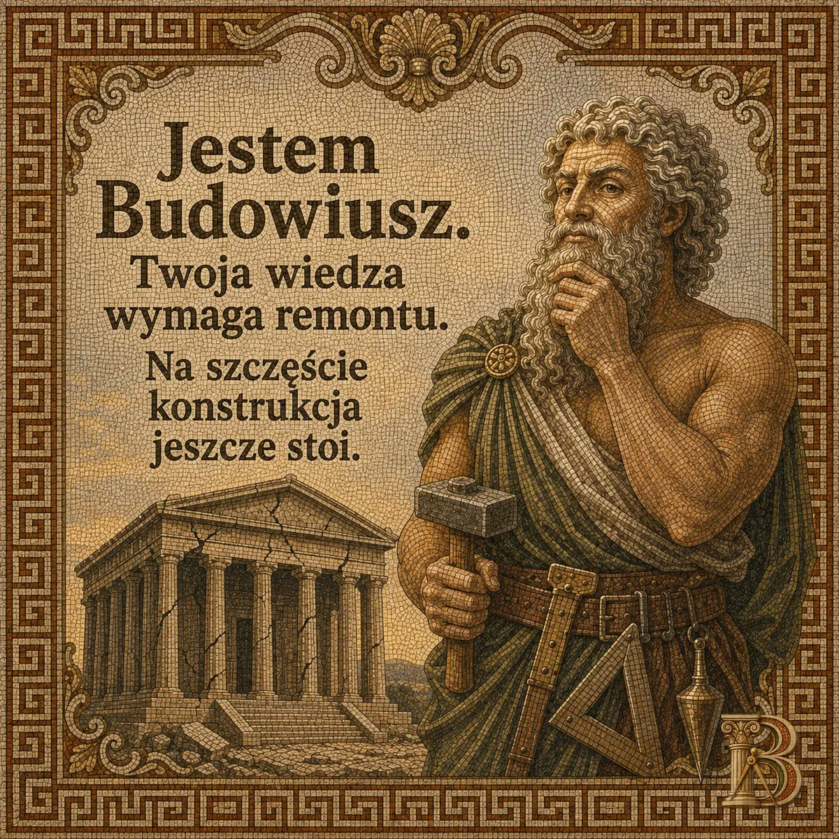 Budowiusz w zamyśleniu podpiera brodę dłonią, w drugiej ręce trzyma ciężki młot kamieniarski. Przed nim mozaikowa świątynia z pękniętymi kolumnami i uszkodzonym belkowaniem, całość w ramie z meandrem. Napis: Jestem Budowiusz. Twoja wiedza wymaga remontu. Na szczęście konstrukcja jeszcze stoi.