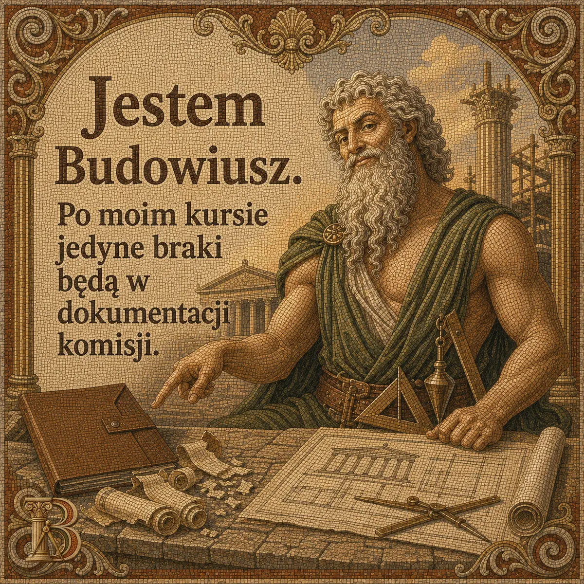 Budowiusz stoi nad stołem zarzuconym zwojami i rysunkami technicznymi, wskazuje palcem oprawną księgę, przy łokciu ekierka i pion. W tle korynckie kolumny i rusztowanie na tle błękitnego nieba. Napis: Jestem Budowiusz. Po moim kursie jedyne braki będą w dokumentacji komisji.