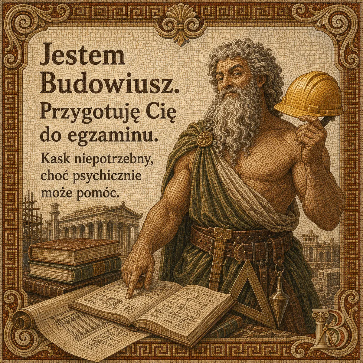 Budowiusz unosi w dłoni żółty kask budowlany, drugą ręką wskazuje otwartą księgę z rysunkami leżącą obok stosu ksiąg. W tle świątynia, rusztowanie i zabudowa antycznego miasta. Napis: Jestem Budowiusz. Przygotuję Cię do egzaminu. Kask niepotrzebny, choć psychicznie może pomóc.