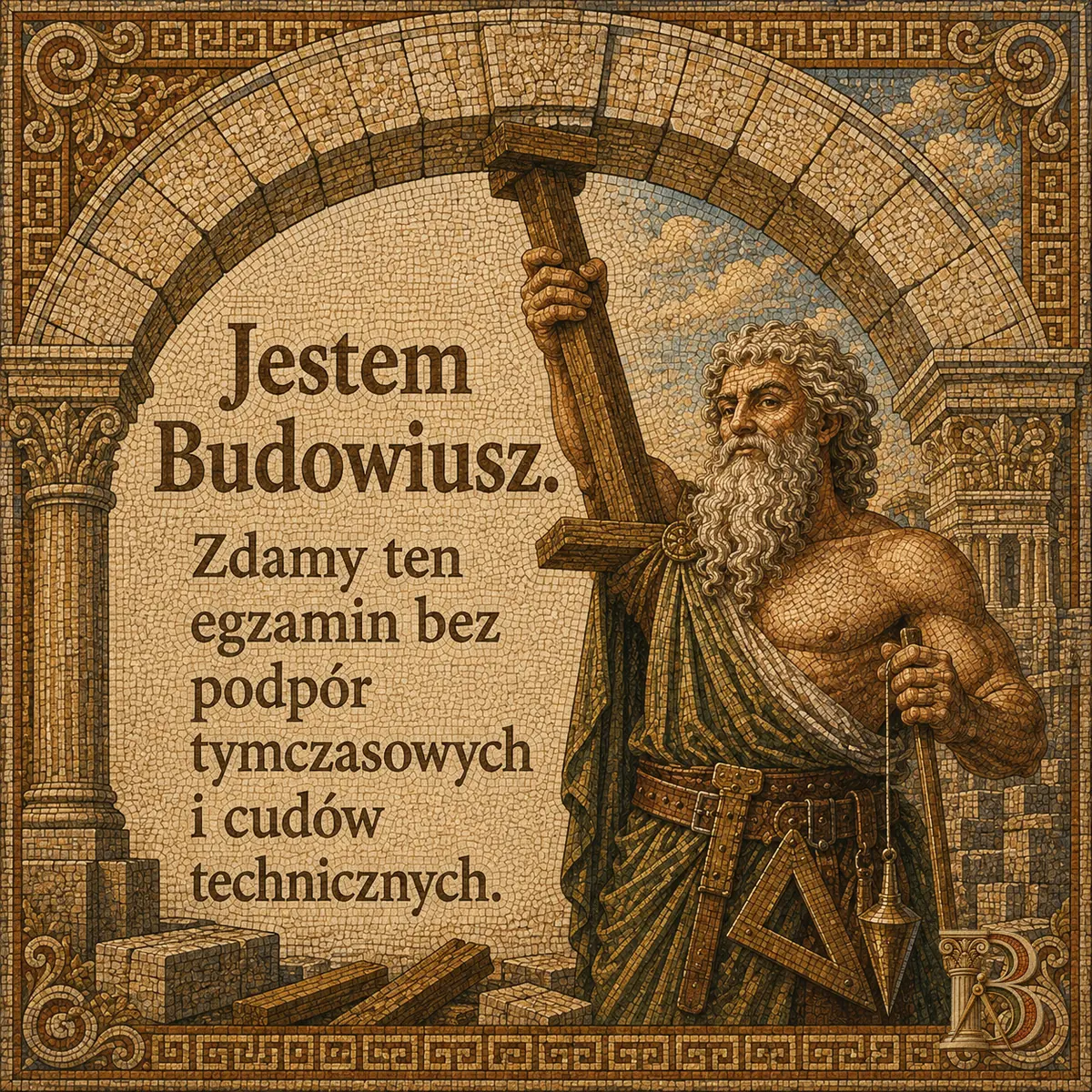 Budowiusz stoi pod mozaikowym łukiem i ramieniem podtrzymuje drewnianą podporę stemplującą sklepienie, u pasa ekierka i pion. Wokół rozrzucone belki i ciosane bloki kamienia. Napis: Jestem Budowiusz. Zdamy ten egzamin bez podpór tymczasowych i cudów technicznych.