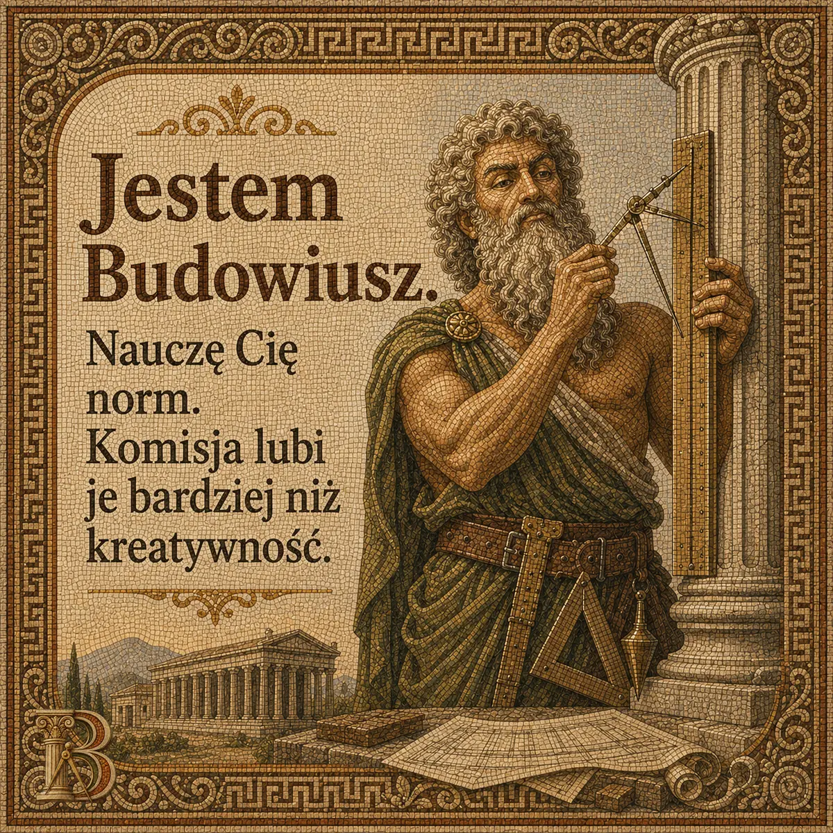 Budowiusz przykłada cyrkiel do trzonu kamiennej kolumny i sprawdza wymiar. U pasa ekierka i pion, na stole rozłożony rysunek, w tle świątynia z kolumnadą i pasmo gór. Napis: Jestem Budowiusz. Nauczę Cię norm. Komisja lubi je bardziej niż kreatywność.