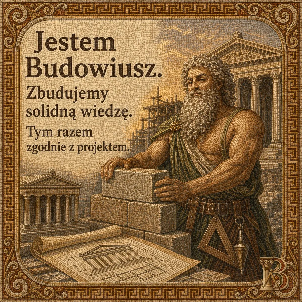 Budowiusz układa kamienny blok na rozpoczętym murze, dłońmi dociskając go do niższej warstwy. Przed nim rozwinięty rysunek rzutu budynku, w tle świątynia i rusztowanie o zachodzie słońca. Napis: Jestem Budowiusz. Zbudujemy solidną wiedzę. Tym razem zgodnie z projektem.
