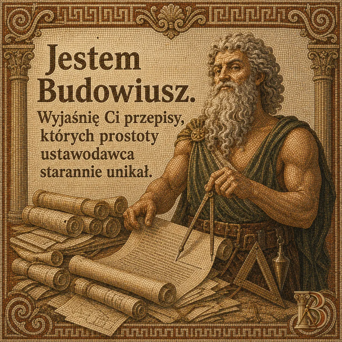 Budowiusz stoi nad stołem pełnym zwiniętych i rozwiniętych zwojów z gęstym pismem, w dłoni trzyma cyrkiel oparty o pergamin. W tle mozaikowe kolumny w ciepłej terakocie. Napis: Jestem Budowiusz. Wyjaśnię Ci przepisy, których prostoty ustawodawca starannie unikał.