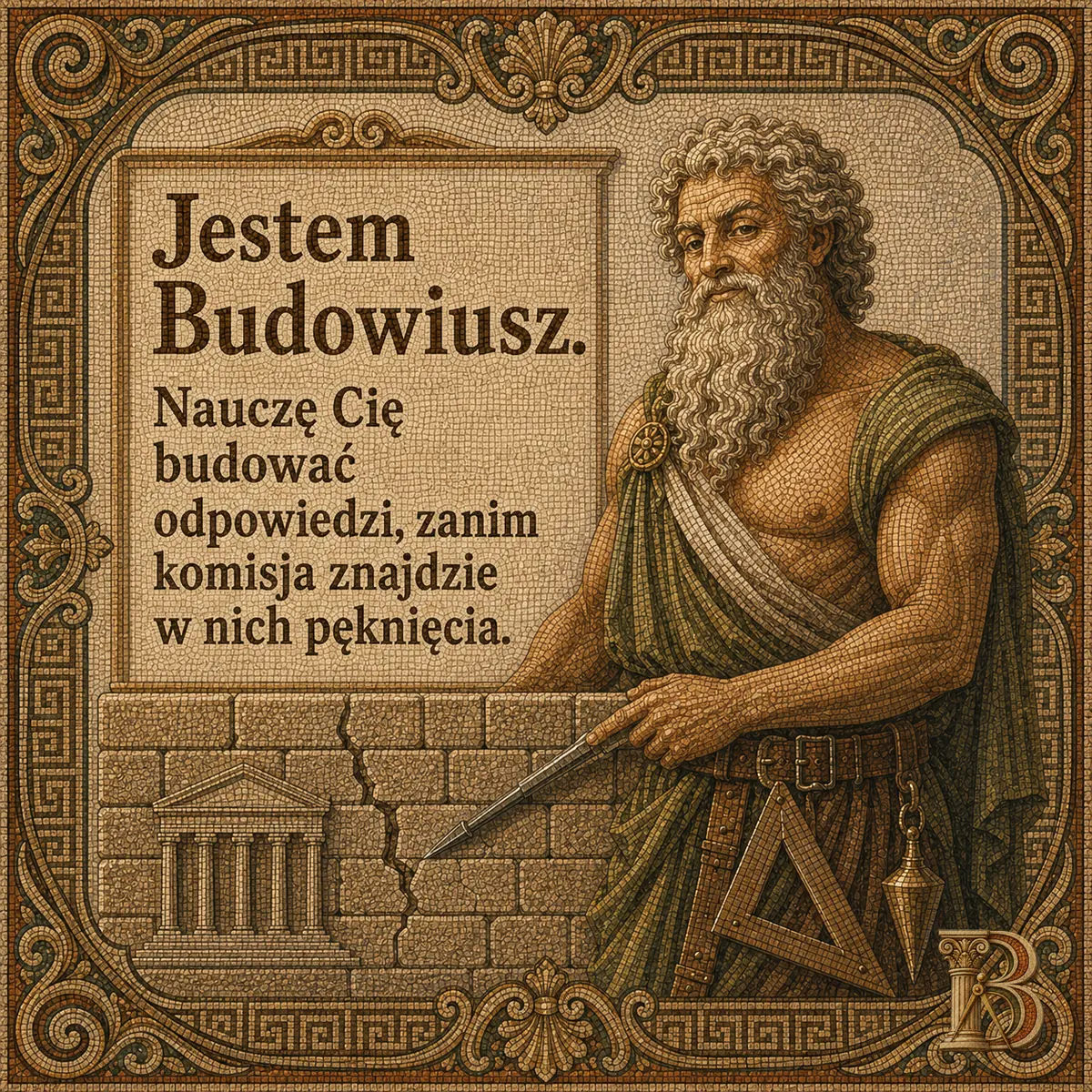 Budowiusz wskazuje ostrym rysikiem pęknięcie biegnące przez kamienny mur z wyrytym zarysem świątyni. Nad murem mozaikowa tablica z napisem, wokół zdobiona rama z meandrem. Napis: Jestem Budowiusz. Nauczę Cię budować odpowiedzi, zanim komisja znajdzie w nich pęknięcia.