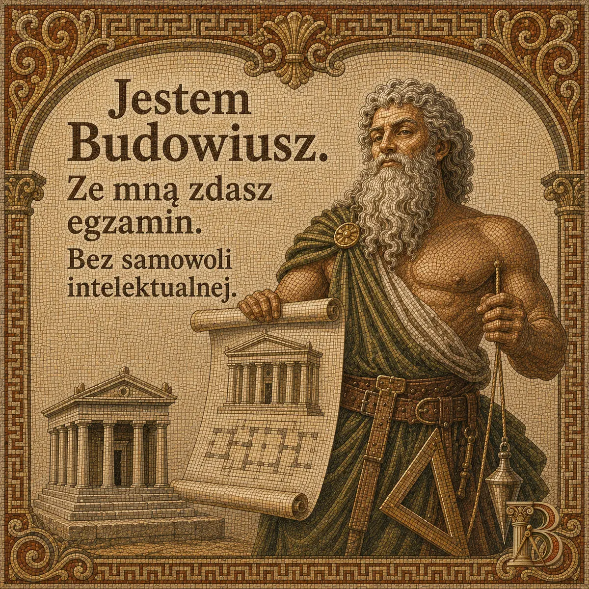 Budowiusz trzyma rozwinięty zwój z rysunkiem świątyni i rzutem kolumnady, w drugiej dłoni pion na sznurku. Obok kamienny model portyku, u pasa skórzany rzemień z ekierką. Napis: Jestem Budowiusz. Ze mną zdasz egzamin. Bez samowoli intelektualnej.