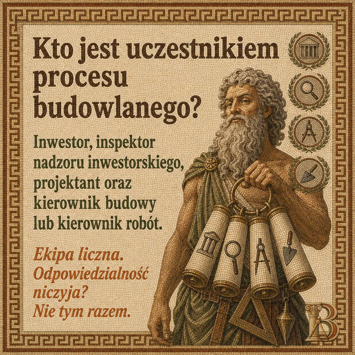 Budowiusz z pękiem zwojów zawieszonych na metalowej obręczy u pasa, każdy oznaczony innym symbolem rzemiosła. W prawym górnym rogu cztery medaliony w wieńcach: świątynia, lupa, cyrkiel i kątomierz. Napis: Kto jest uczestnikiem procesu budowlanego? Inwestor, inspektor nadzoru inwestorskiego, projektant oraz kierownik budowy lub kierownik robót. Ekipa liczna. Odpowiedzialność niczyja? Nie tym razem.
