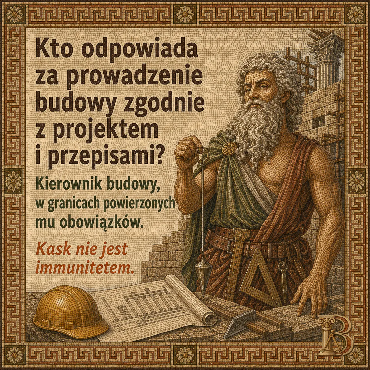 Budowiusz trzyma pion na sznurku przy niedokończonym murze, drugą dłoń opiera na stole. Na pierwszym planie żółty kask budowlany i rozwinięty rysunek techniczny, w tle kolumny i rusztowanie. Napis: Kto odpowiada za prowadzenie budowy zgodnie z projektem i przepisami? Kierownik budowy, w granicach powierzonych mu obowiązków. Kask nie jest immunitetem.