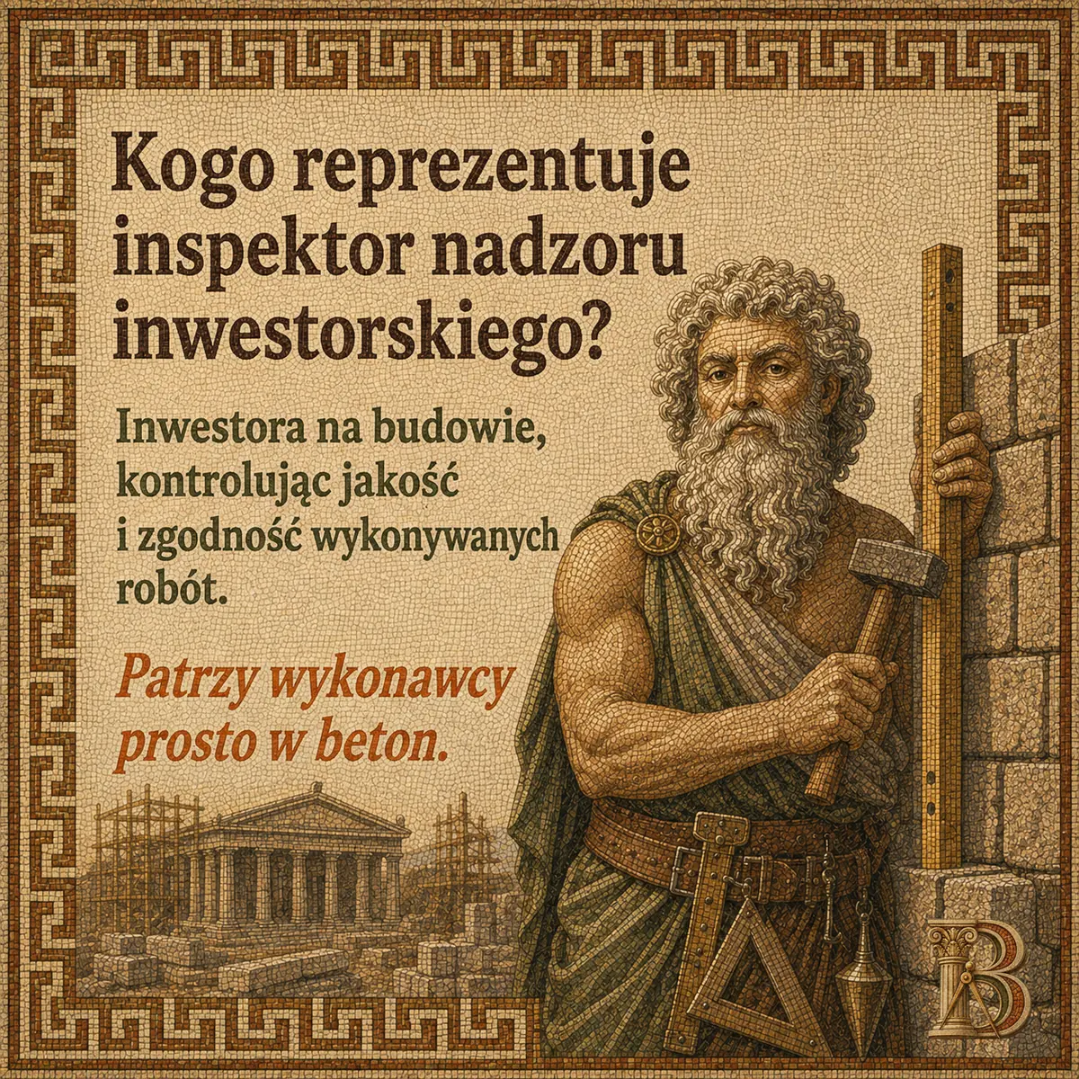 Budowiusz przykłada drewnianą łatę mierniczą do kamiennego muru, w drugiej ręce trzyma młot. U pasa ekierka i pion, w tle plac budowy ze świątynią, rusztowaniem i stosami ciosanych bloków. Napis: Kogo reprezentuje inspektor nadzoru inwestorskiego? Inwestora na budowie, kontrolując jakość i zgodność wykonywanych robót. Patrzy wykonawcy prosto w beton.