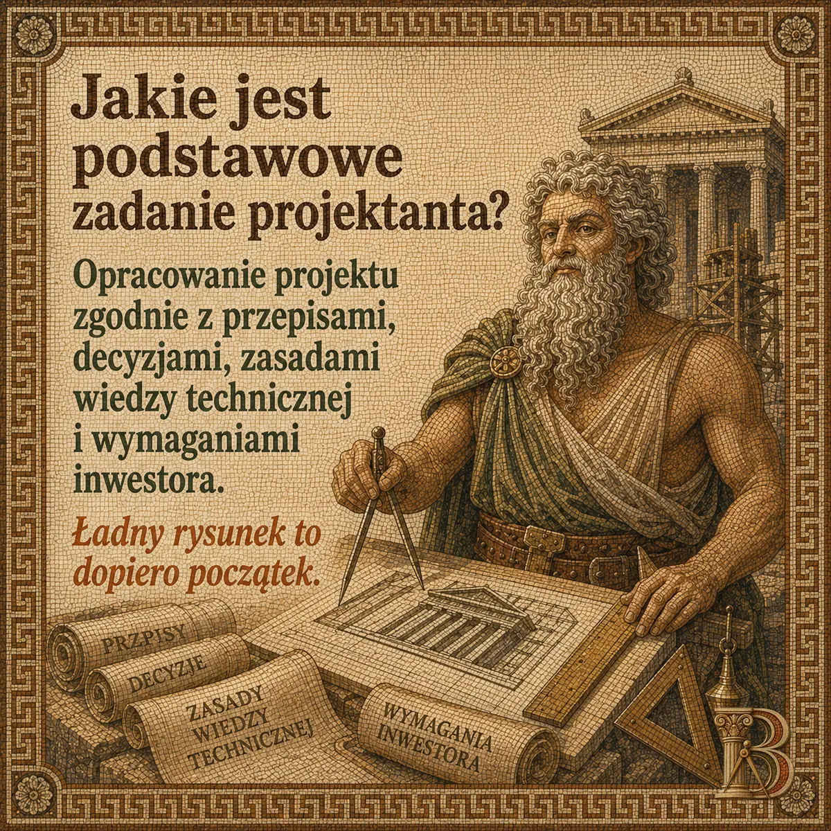 Budowiusz rozstawia cyrkiel nad rozłożonym na stole rysunkiem świątyni. Na pierwszym planie cztery zwoje z wypisanymi na nich hasłami, w tle świątynia z portykiem i rusztowanie. Napis: Jakie jest podstawowe zadanie projektanta? Opracowanie projektu zgodnie z przepisami, decyzjami, zasadami wiedzy technicznej i wymaganiami inwestora. Ładny rysunek to dopiero początek. PRZEPISY DECYZJE ZASADY WIEDZY TECHNICZNEJ WYMAGANIA INWESTORA