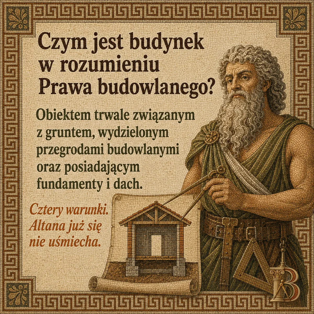 Budowiusz rozwija zwój, z którego wyrasta przestrzenny model małego budynku z dachem, ścianami i otworem drzwiowym, przytrzymywany cyrklem. U pasa szeroki skórzany pas z ekierką i pionem. Napis: Czym jest budynek w rozumieniu Prawa budowlanego? Obiektem trwale związanym z gruntem, wydzielonym przegrodami budowlanymi oraz posiadającym fundamenty i dach. Cztery warunki. Altana już się nie uśmiecha.