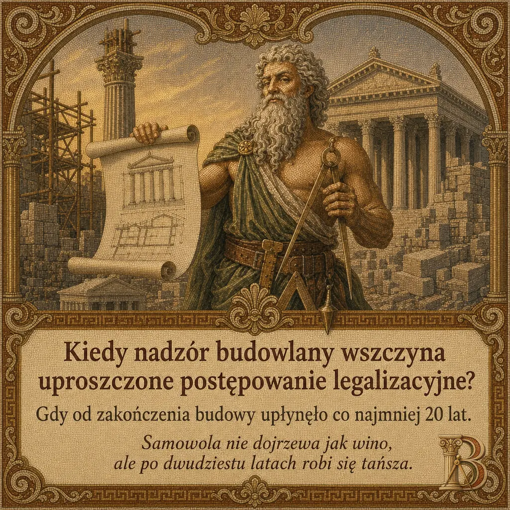Budowiusz trzyma rozwinięty rysunek świątyni i cyrkiel z pionem, za nim rusztowania i portyk o zachodzie słońca. Pod obrazem mozaikowa tabliczka z pytaniem i odpowiedzią. Napis: Kiedy nadzór budowlany wszczyna uproszczone postępowanie legalizacyjne? Gdy od zakończenia budowy upłynęło co najmniej 20 lat. Samowola nie dojrzewa jak wino, ale po dwudziestu latach robi się tańsza.