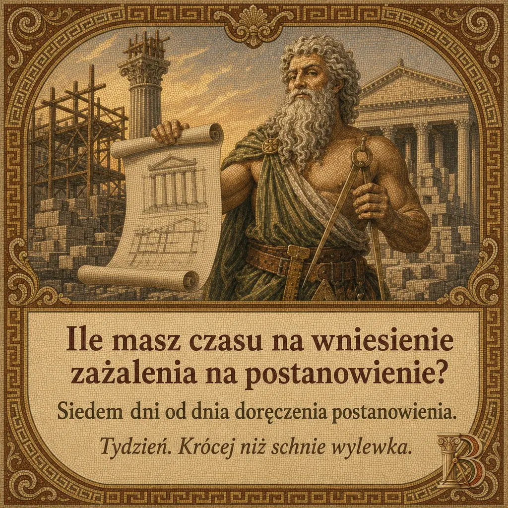 Budowiusz ze zwojem rysunku w jednej dłoni i cyrklem w drugiej stoi przed kolumnadą i rusztowaniem. Pod obrazem mozaikowa tabliczka z pytaniem i odpowiedzią. Napis: Ile masz czasu na wniesienie zażalenia na postanowienie? Siedem dni od dnia doręczenia postanowienia. Tydzień. Krócej niż schnie wylewka.
