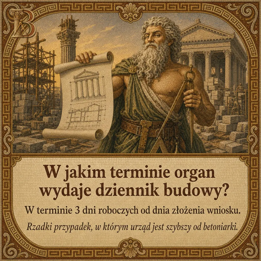 Budowiusz z rozwiniętym rysunkiem świątyni i cyrklem, w tle rusztowania, stosy ciosanego kamienia i portyk. Pod obrazem mozaikowa tabliczka z pytaniem i odpowiedzią. Napis: W jakim terminie organ wydaje dziennik budowy? W terminie 3 dni roboczych od dnia złożenia wniosku. Rzadki przypadek, w którym urząd jest szybszy od betoniarki.
