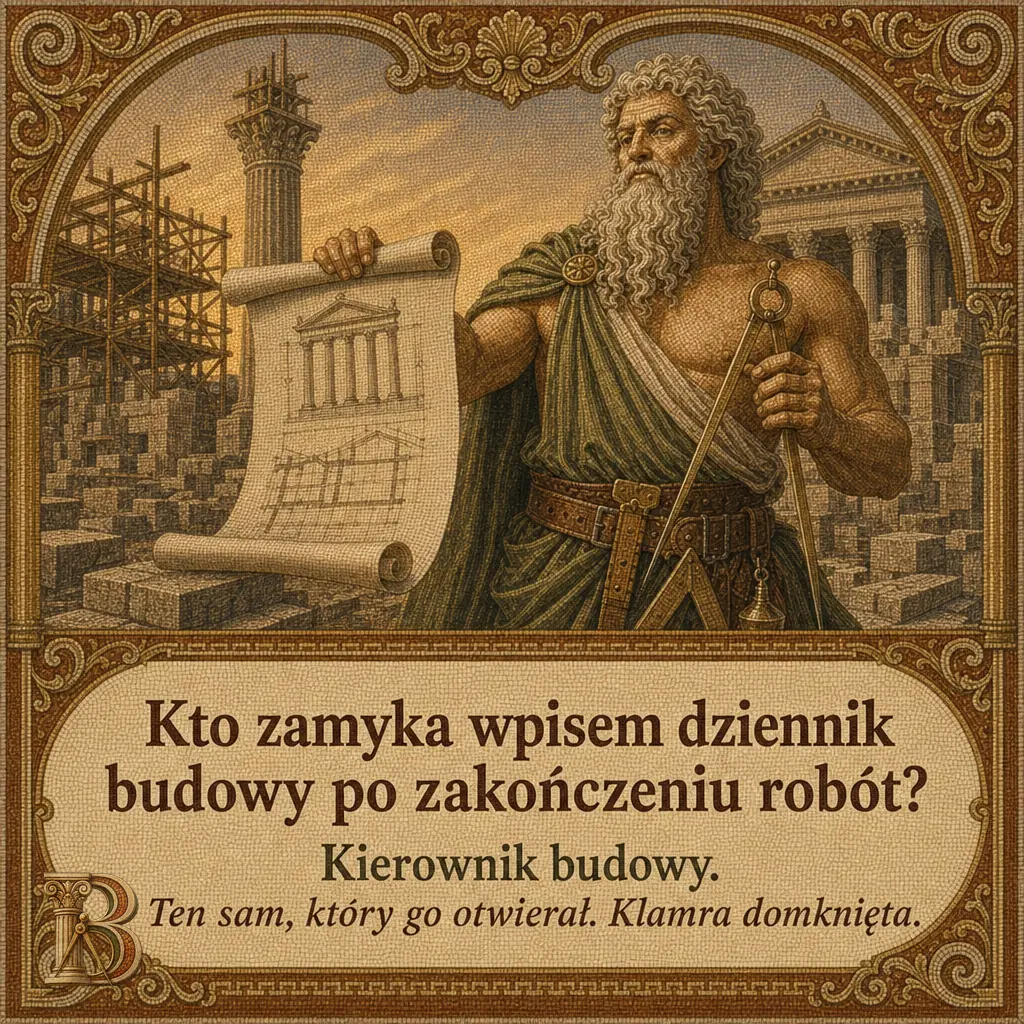 Budowiusz unosi rozwinięty zwój z rysunkiem świątyni, w drugiej dłoni cyrkiel z pionem, za nim rusztowanie i kolumnada. Pod obrazem mozaikowa tabliczka z pytaniem i odpowiedzią. Napis: Kto zamyka wpisem dziennik budowy po zakończeniu robót? Kierownik budowy. Ten sam, który go otwierał. Klamra domknięta.